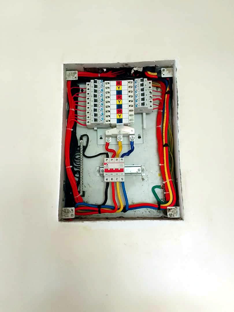 Newly wired distribution board with labelled breakers